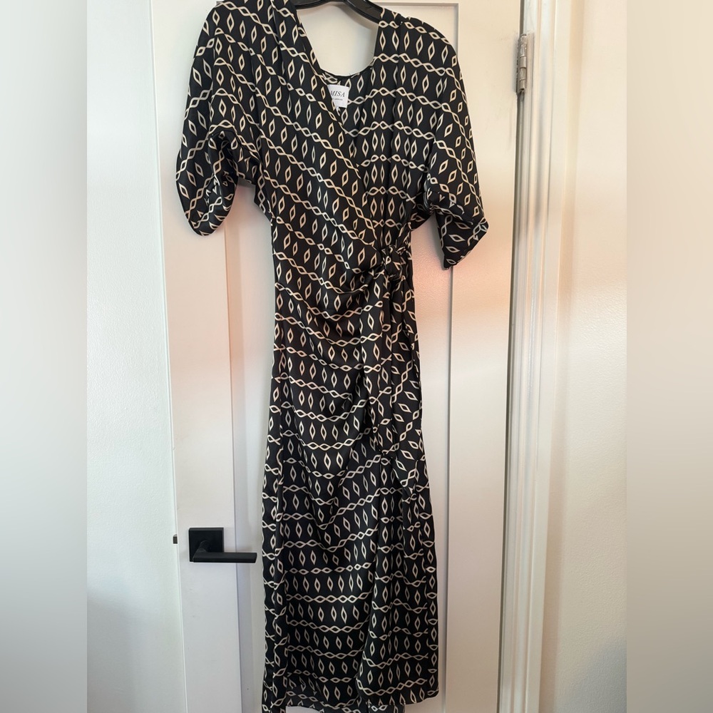 Misa Black and Cream Midi Wrap Dress